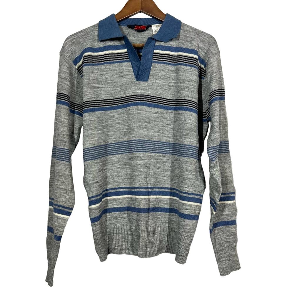 Vintage 80s SIM Sports in Motion Knit Long Sleeve Polo Sweater Top - L